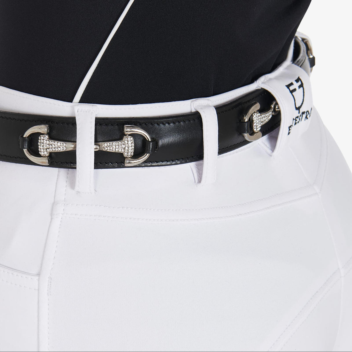 Equestro Leather Belt With Snaffle Bits And Rhinestones #colour_black-silver