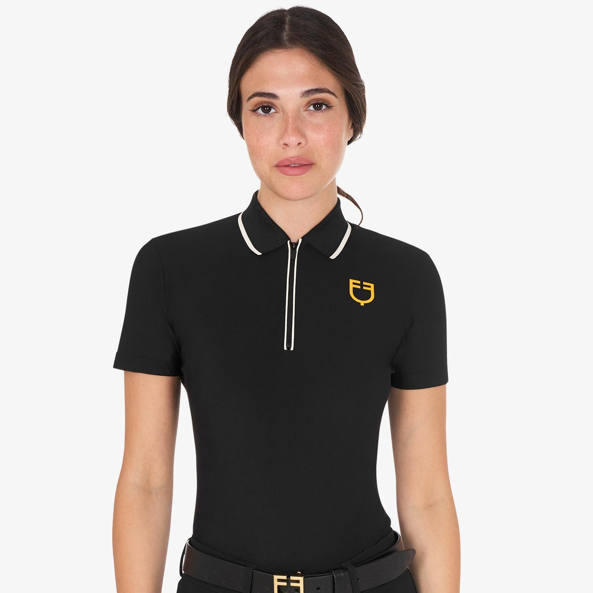 Equestro Women's Slim Fit Training Polo Shirt With Zip And Chest Logo #colour_black-white