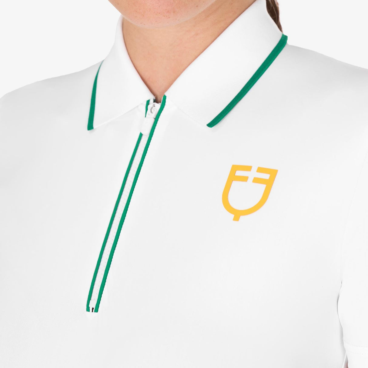 Equestro Women's Slim Fit Training Polo Shirt With Zip And Chest Logo #colour_green-white