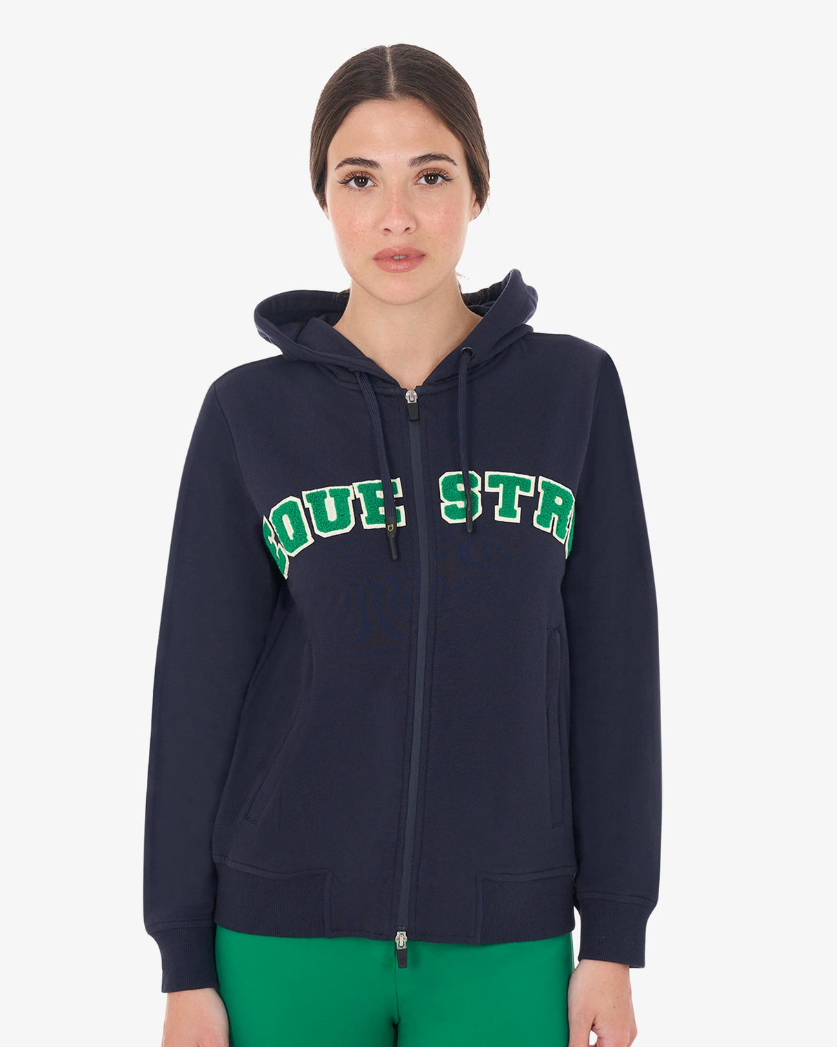 Equestro Women's Hoodie With Zip And Sponge Lettering #colour_blue-green