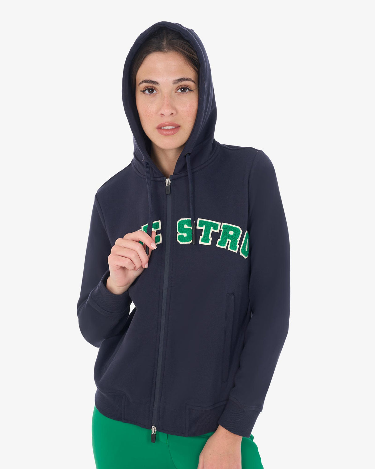 Equestro Women's Hoodie With Zip And Sponge Lettering #colour_blue-green