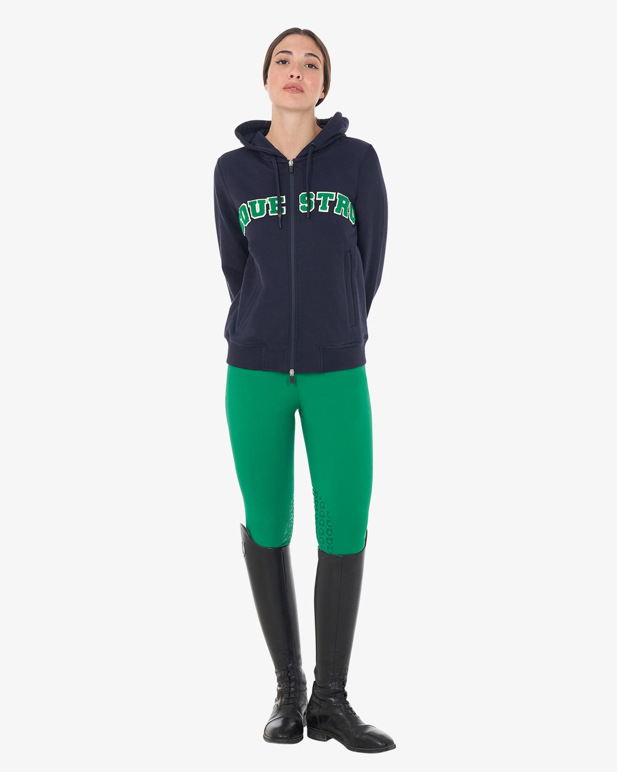 Equestro Women's Hoodie With Zip And Sponge Lettering #colour_blue-green
