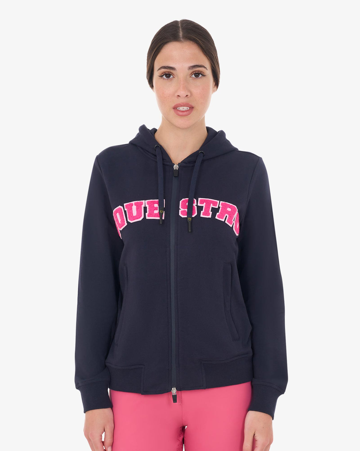 Equestro Women's Hoodie With Zip And Sponge Lettering #colour_blue-fucsia