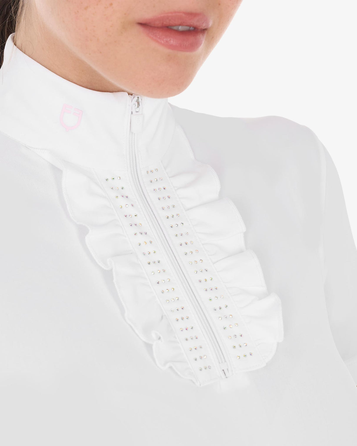 Equestro Women's Slim Fit Competition Polo Shirt With Ruffles And Rhinestones #colour_white-pink