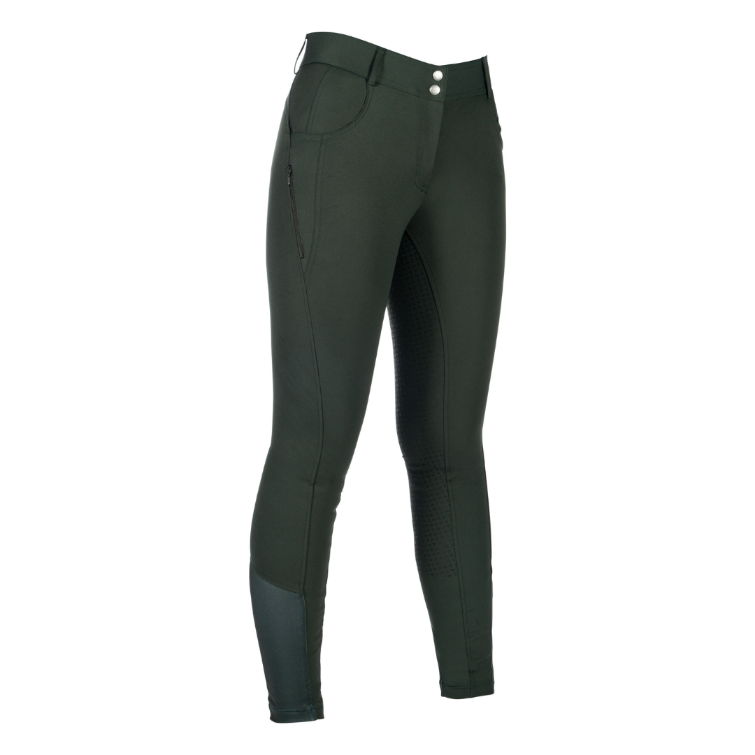 HKM Women's Silicone Full Seat Riding Breeches -Ari Mid Rise- #colour_olive-green