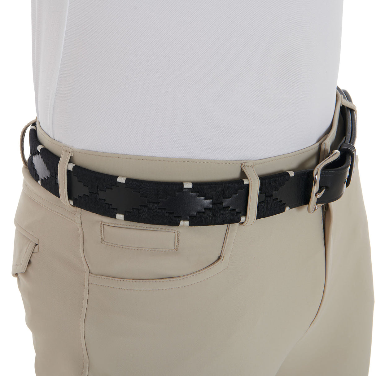 Equestro Leather Belt With Black And White Embroidery #colour_black