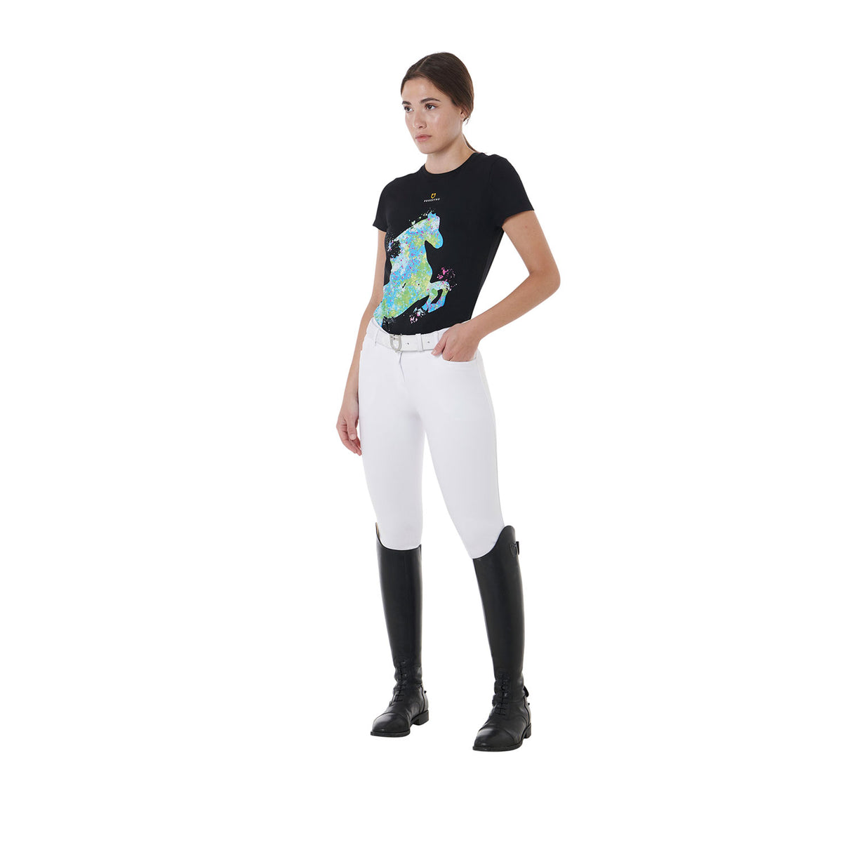 Equestro Women's Slim Fit T-Shirt With Abstract Horse Print #colour_black