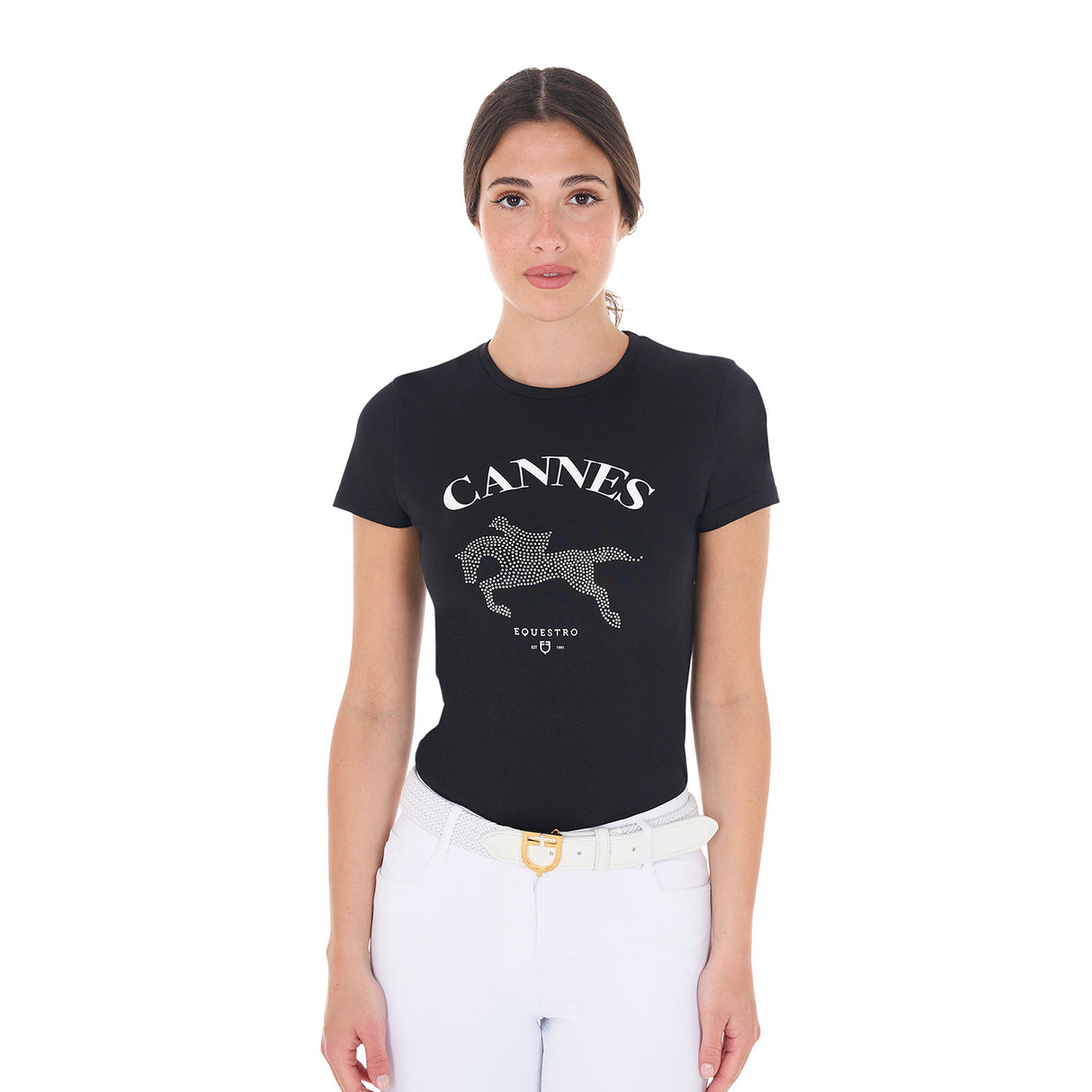 Equestro Women's Cannes Cotton T-Shirt With Rhinestones #colour_black