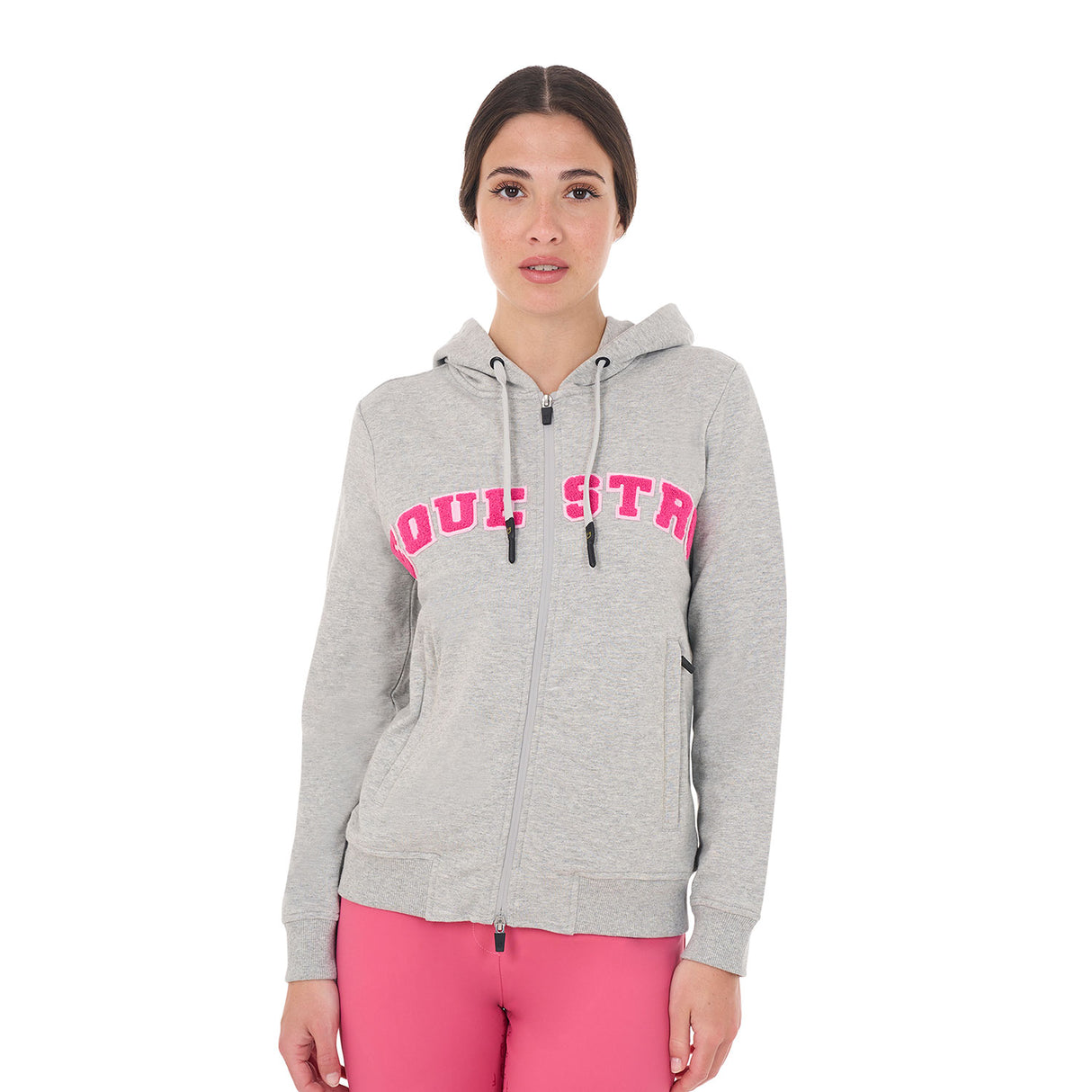 Equestro Women's Hoodie With Zip And Sponge Lettering #colour_grey-fucsia