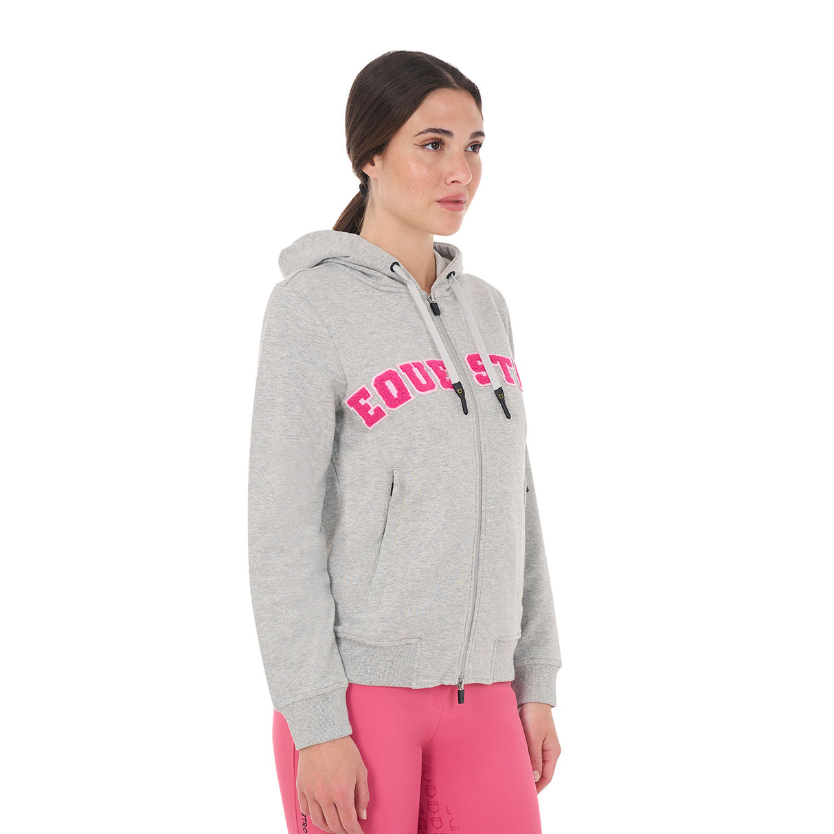 Equestro Women's Hoodie With Zip And Sponge Lettering #colour_grey-fucsia