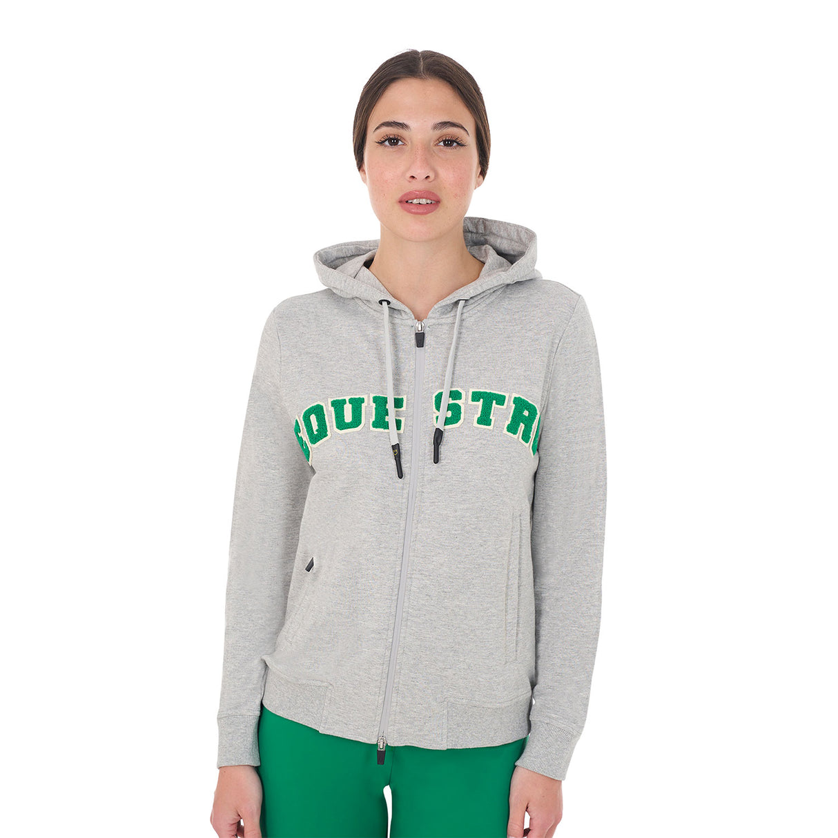 Equestro Women's Hoodie With Zip And Sponge Lettering #colour_grey-green