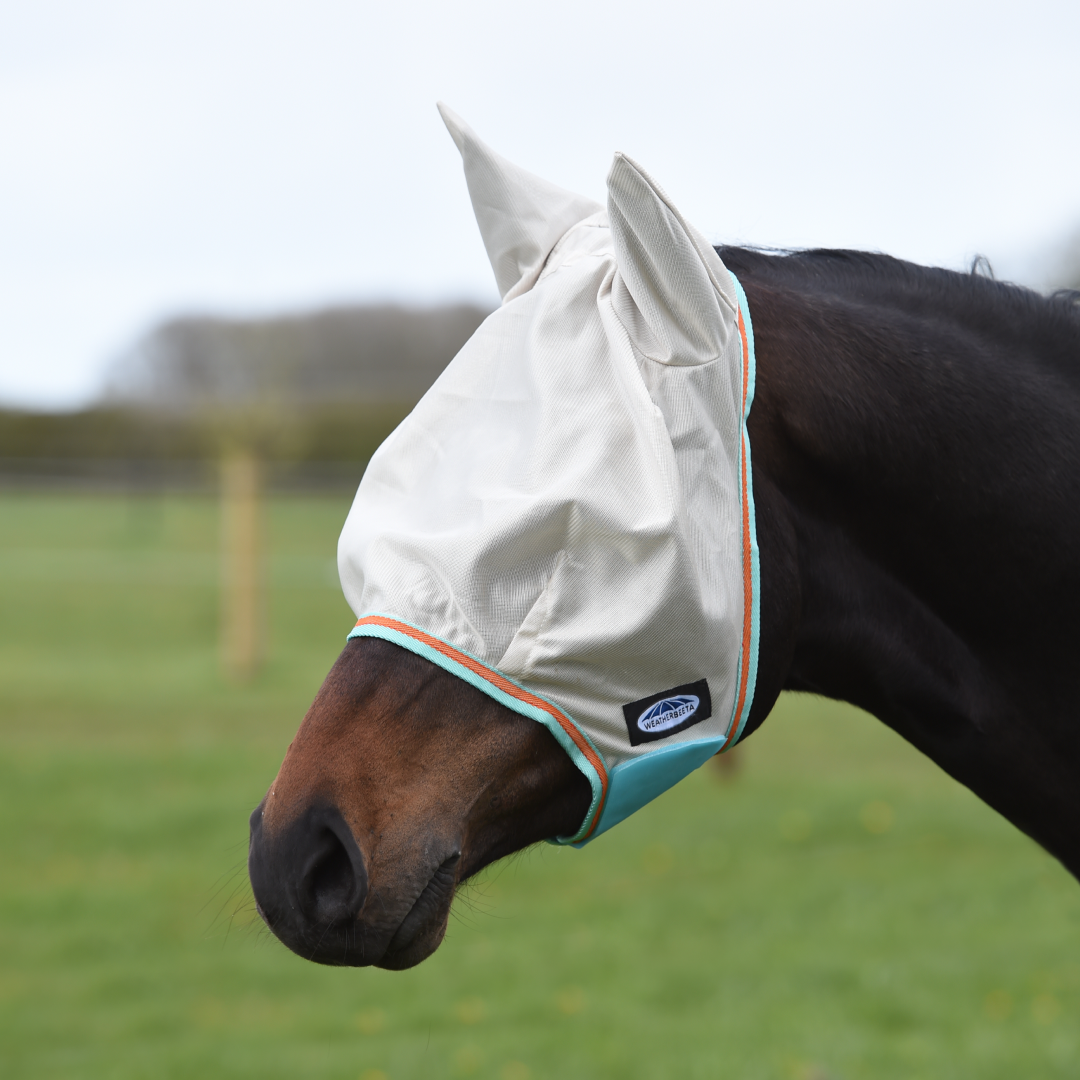 WeatherBeeta Comfitec Essential Mesh Fly Mask #colour_beige-turquoise-orange