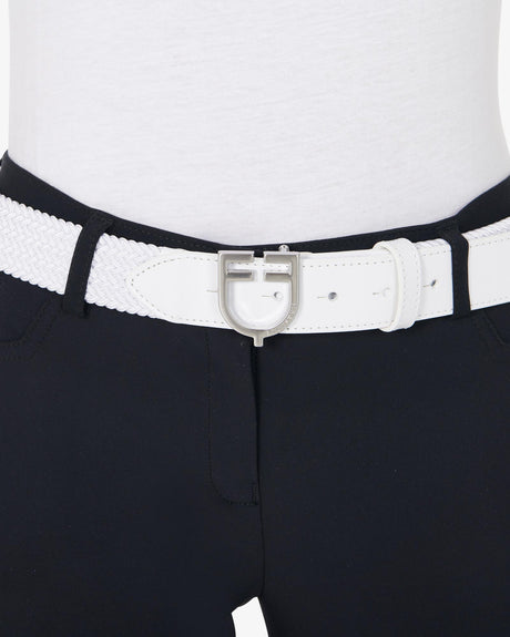 Equestro Leather Elastic Belt With Logoed Buckle #colour_white-silver