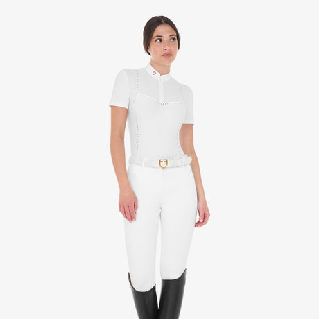 Equestro Women's Slim Fit Zipped Competition Polo Shirt In Perforated Fabric #colour_fucsia-white