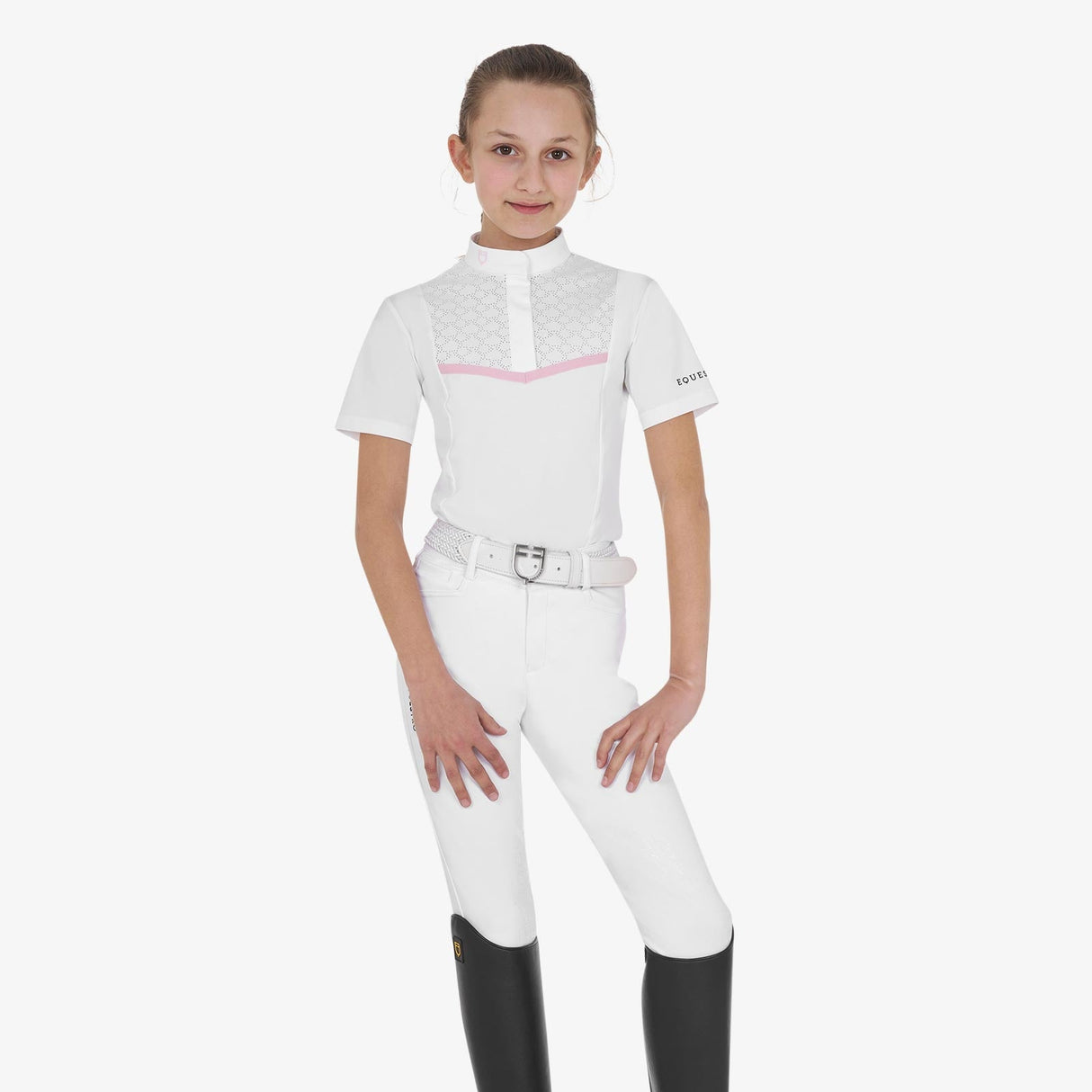 Equestro Girls' Slim Fit Competition Jacket With Chest Perforated Inserts #colour_white-pink