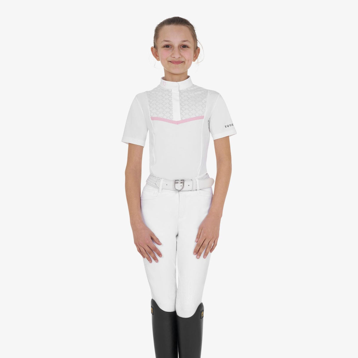 Equestro Girls' Slim Fit Competition Jacket With Chest Perforated Inserts #colour_white-pink