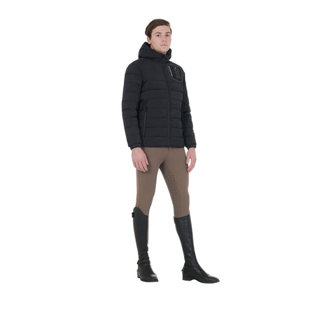 Equestro Men's Stretch Fabric Down Jacket Silicone Patch #colour_black