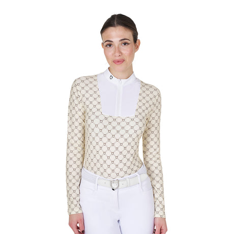 Women's long-sleeved competition polo shirt with monogram print