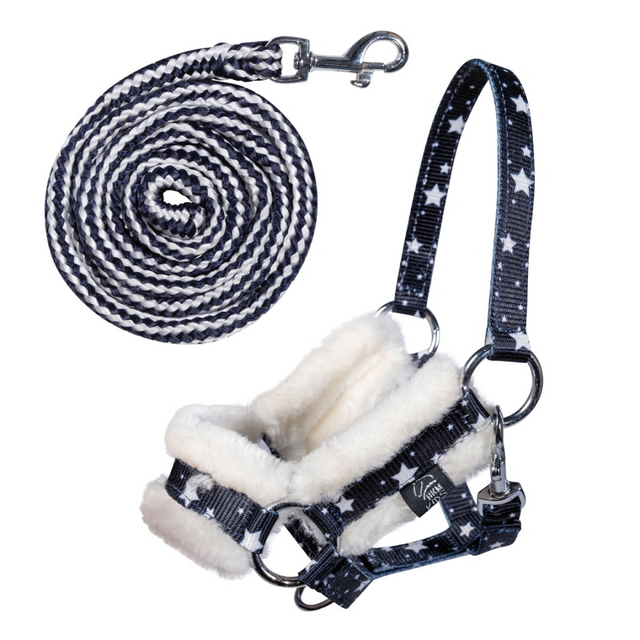HKM Hobby Horsing Head Collar and Lead Rope #colour_navy-blue-stars