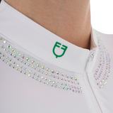 Equestro Women's Slim Fit Competition Polo Shirt With Collar Rhinestones #colour_green-white