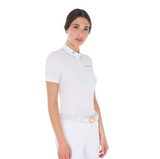 Equestro Women's Slim Fit Competition Polo Shirt With Collar Rhinestones #colour_green-white