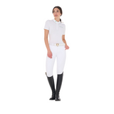 Equestro Women's Slim Fit Competition Polo Shirt With Collar Rhinestones #colour_green-white